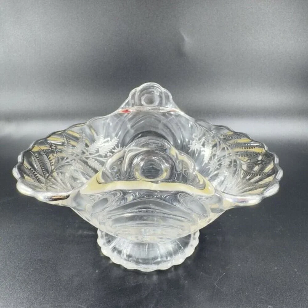 Vintage Cambridge Clear Glass Caprice Bowl Dish Handles‎ Silver Overlay Flower